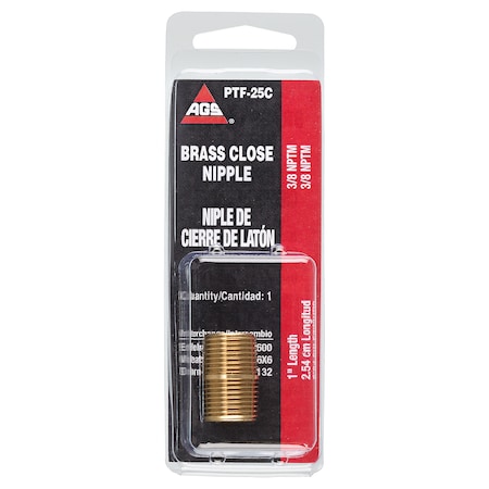 Ags Brass Close Nipple, 1 Length, Male (3/8-18 NPT), 1/card PTF-25C